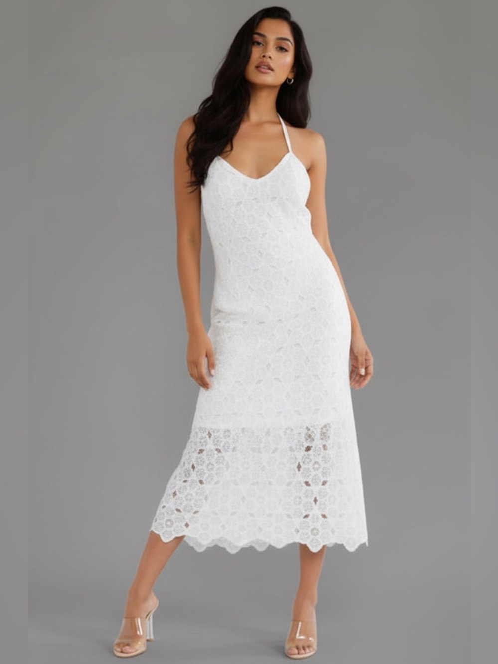 White Lace Halter Midi Dress